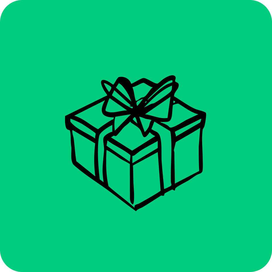 a green square with a black and white drawing of a gift