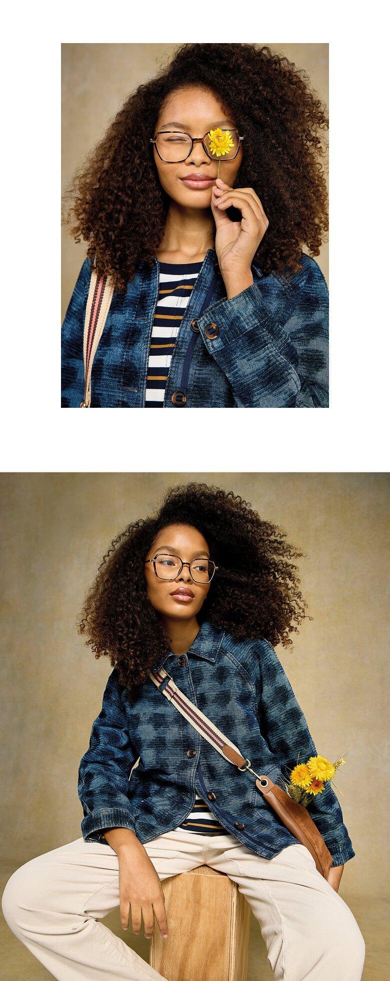 two pictures of a woman with glasses and a flower