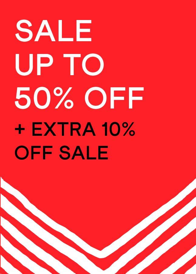 a red and white striped banner with the words sale up to 50 % off plus extra 10 %