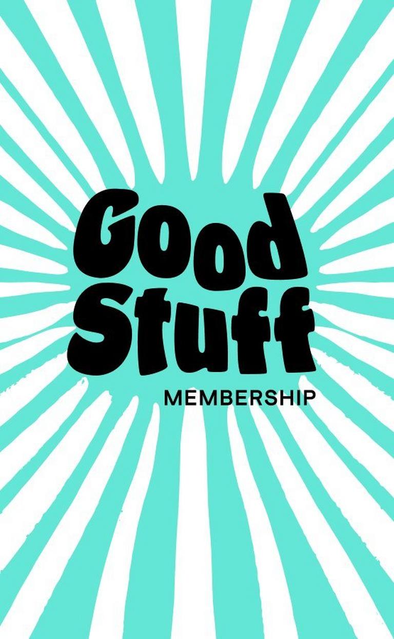 a blue and white logo with the words good stuff membership