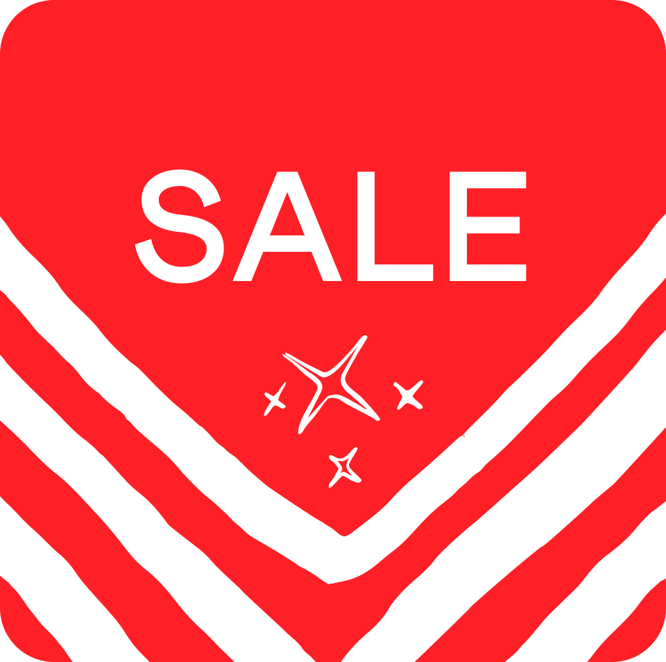 a red and white square with a sale sign on it