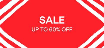 a red and white striped sale sign with the words sale up to 60 % off
