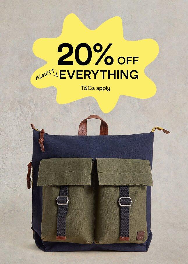 a backpack with a 20 % off tag on it