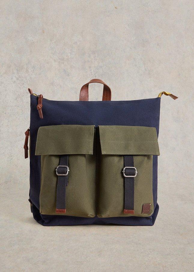 the backpack is made from two different colors and has two straps
