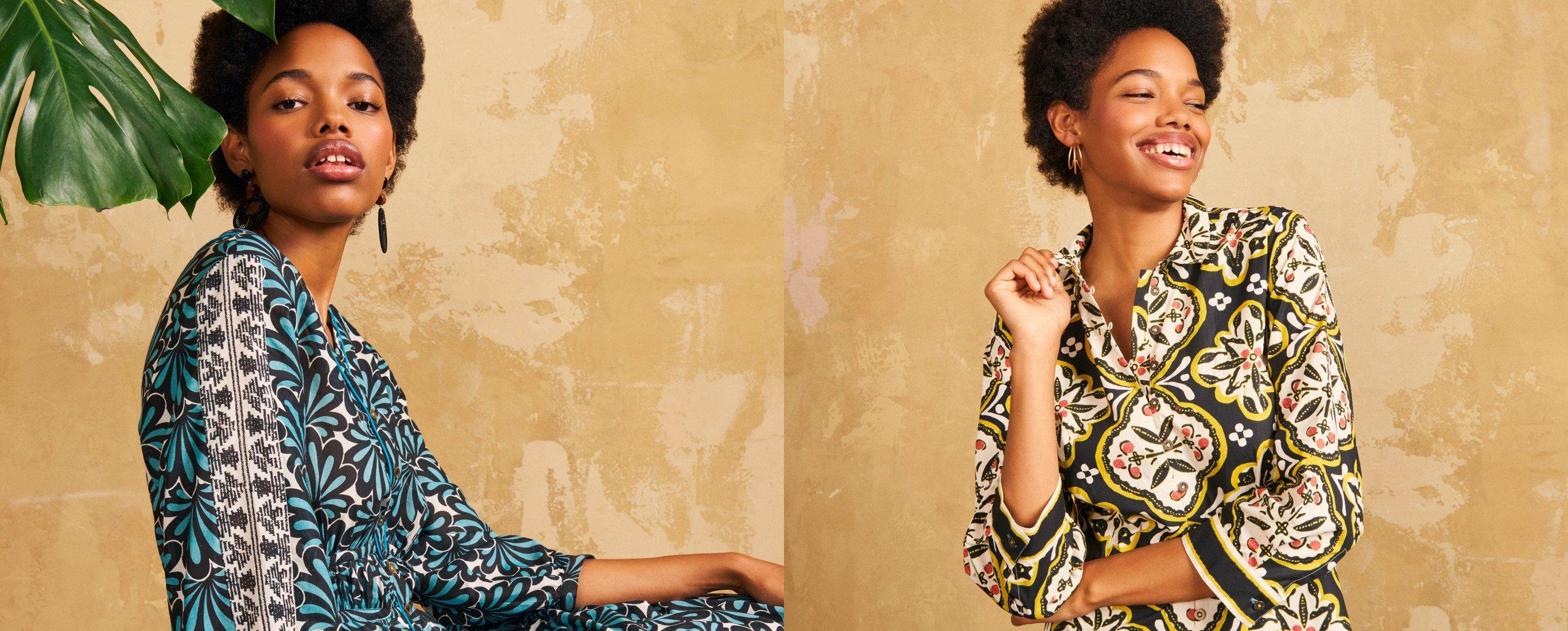 two women in different styles of clothing, one with a green leaf