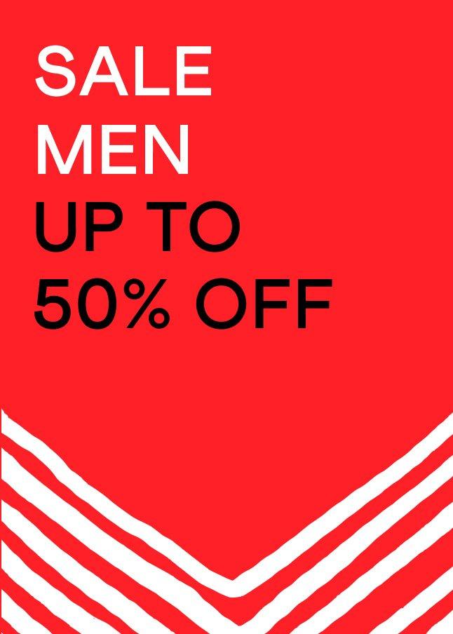 a red and white striped poster with the words sale men up to 50 % off