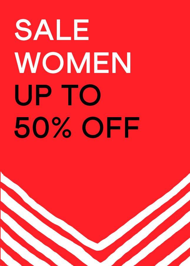 a red and white striped poster with the words sale women up to 50 % off