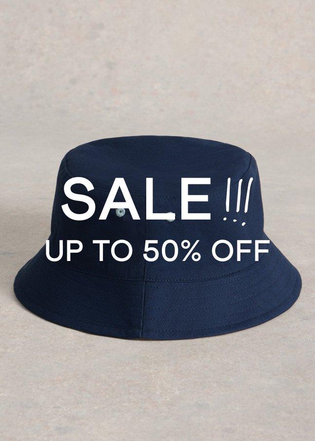 a bucket hat with the words sale up to 50% off