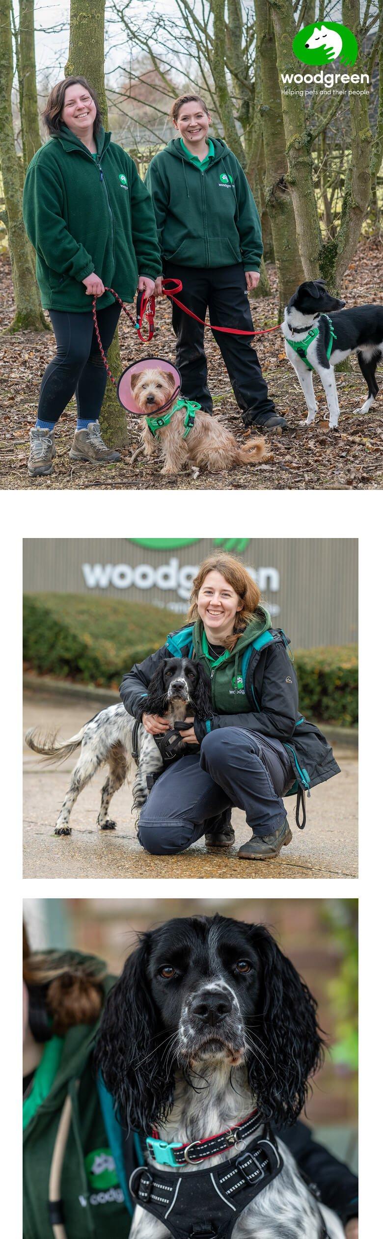 two pictures of a woman and two dogs in green jackets